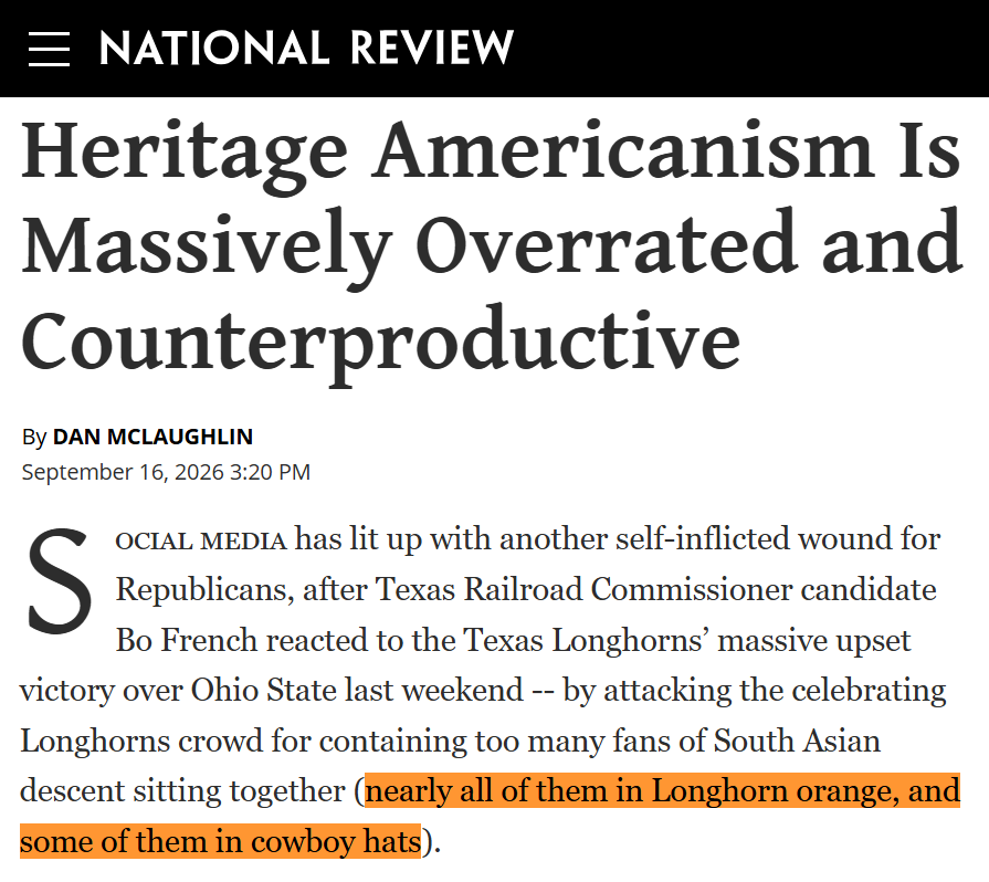 TooWhiteToTweet's tweet photo. They're doing it.

They're doing the bit.

Without irony, Neocon Review is making the case that team colors and cowboy hats are what make us American, while the humans inside the merchandise are entirely interchangeable. https://t.co/i1TzljLfVB