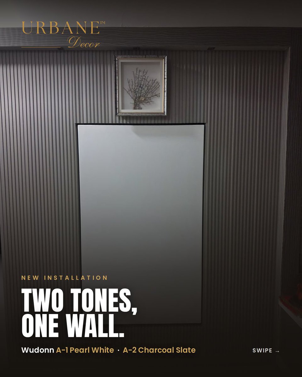 UrbaneDecor24's tweet photo. Two tones, one wall.

New install — Wudonn A-1 Pearl White framed in A-2 Charcoal Slate on the living-room feature wall, with Pearl White fluting on the bedroom wardrobe. Depth and warmth, without darkening the room.

#Wudonn #FlutedPanels #InteriorDesign #UrbaneDecor https://t.co/dOH84MLybP