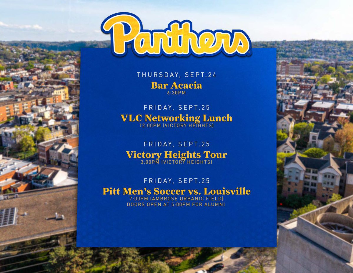 Pitt_LIFESKILLS's tweet photo. Forever Panthers — Men's Soccer Legacy Weekend is coming up!  Mark your calendars for September 24–26 as we celebrate Pitt Men's Soccer and reconnect with our Forever Panthers.  Check your email for more information! https://t.co/pApnzA4XlI