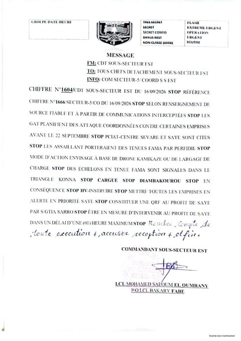 NPoFeedback's tweet photo. #Mali 🇲🇱 | Centre — 16 septembre 2026  Un document militaire malien daté du 16 septembre, que nous avons consulté, fait état d’un niveau d’alerte élevé face à des attaques coordonnées projetées par des « GAT ». https://t.co/tkEj9bJbXn