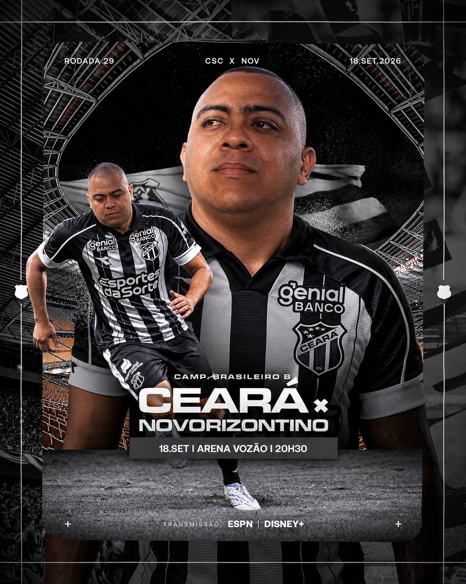 diel_cda's tweet photo. SEXTA-FEIRA COM VOZÃO NA ARENA! 🏟️🏁

O Ceará vai encarar o Novorizontino pela 29ª rodada do Brasileiro B, às 20h30, desta sexta-feira (18), em casa! ⚫⚪ 

Precisamos do seu apoio em mais um importante desafio. VAMOS, NAÇÃO! 🔥

#CearáSC #futebol #torcida #vozão https://t.co/obKBzedvAw