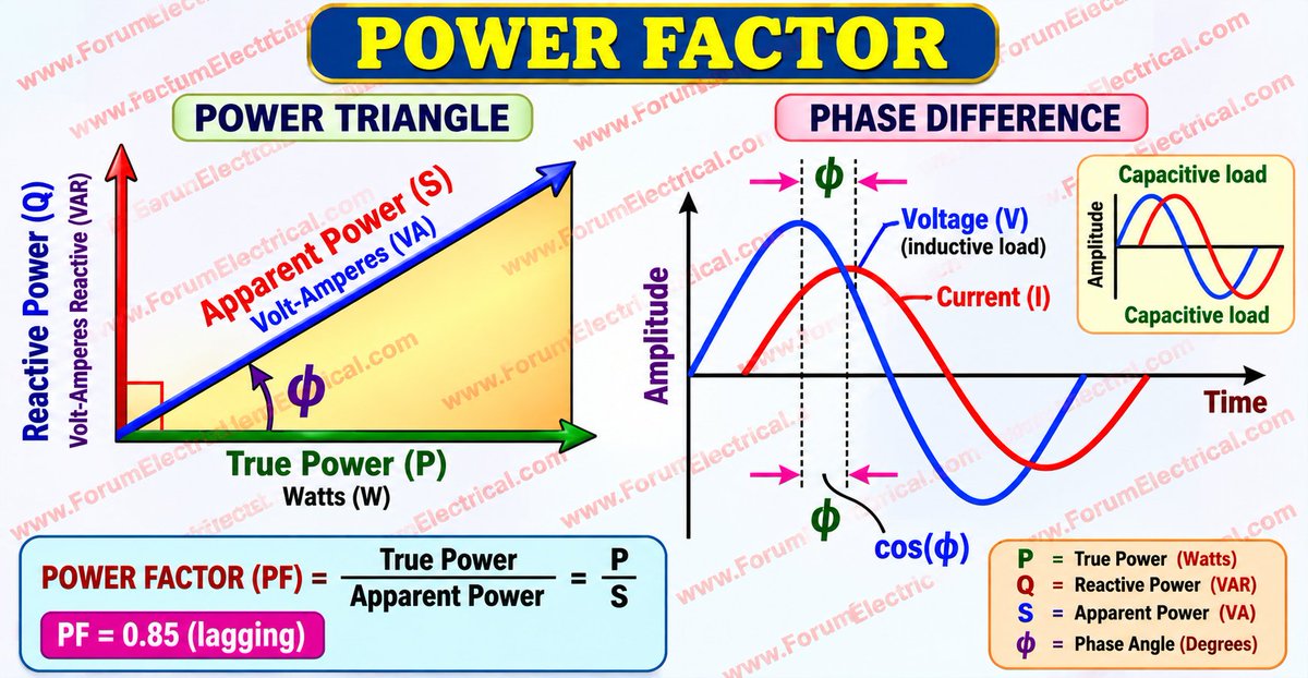 ForumEIectrical's tweet photo. What is Power Factor and how can it be improved?
https://t.co/yO6jAUtr3c
#PowerFactor #PowerFactorCorrection #ElectricalEngineering #ElectricalMachines #PowerSystems #ActivePower #ReactivePower #ApparentPower #PowerTriangle #PhaseAngle #CosPhi #InductiveLoad #CapacitiveLoad #LeadingPowerFactor #LaggingPowerFactor #ElectricalPower #ACCircuits #ElectricalEngineeringStudents #ElectricalEngineeringEducation #ElectricalEngineeringTips #ElectricalKnowledge #PowerQuality #PowerSystemEngineering #ElectricalTechnology #ElectricalMaintenance
https://t.co/yO6jAUtr3c