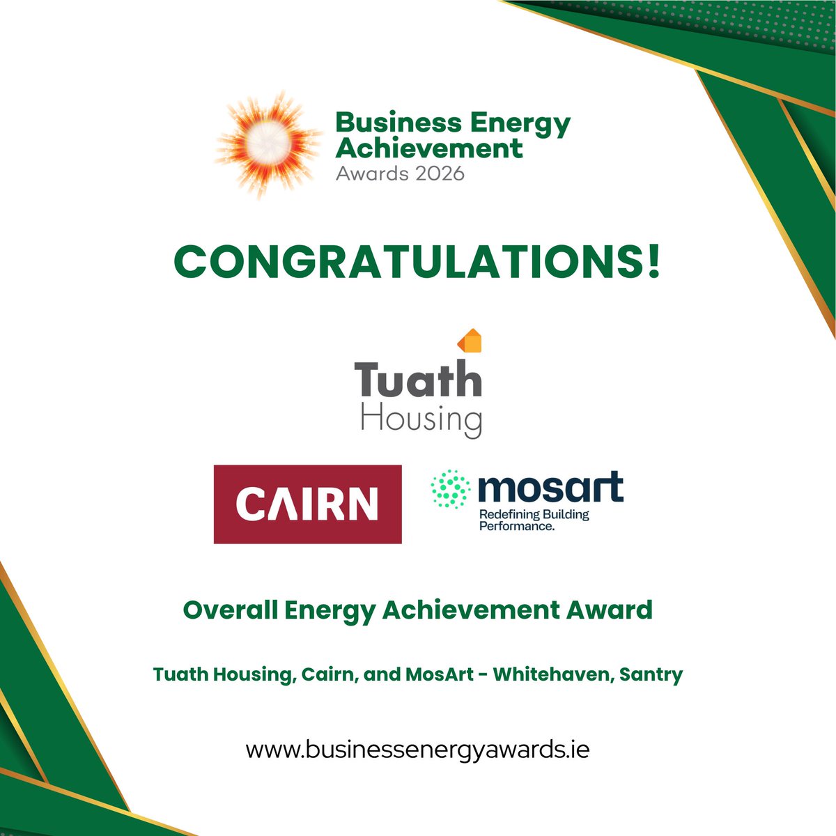 BizEnergyAwards's tweet photo. The Overall Energy Achievement Award — the highest honour of the night — goes to Tuath Housing, Cairn, and MosArt for the Whitehaven, Santry project at the Business Energy Achievement Awards 2026. A remarkable collaboration and a fitting champion for 2026. https://t.co/DvtKjeVt9U