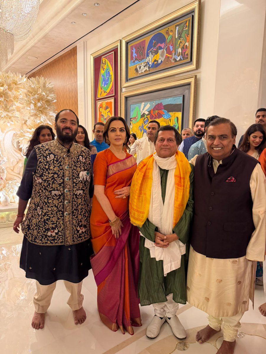 nagvja's tweet photo. The Ambani family hosted a grand Ganesh Puja at their residence in Mumbai. Educationist, social worker and Founder of KIIT and KISS, Dr. Achyuta Samanta, was specially invited by Nita Ambani to attend the celebration. https://t.co/PfGXsREpIU