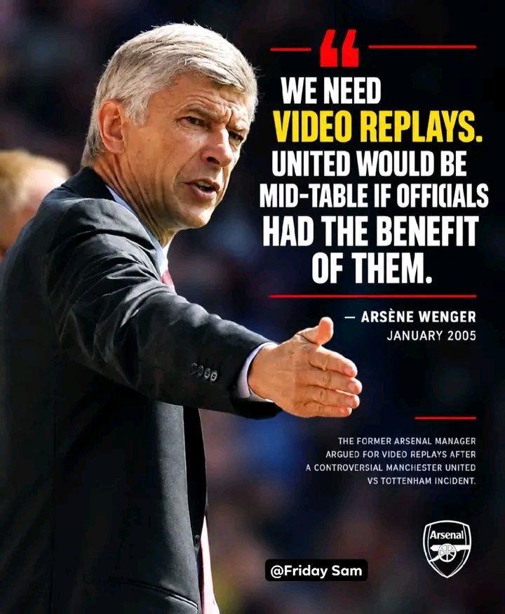 Alarsenalneew's tweet photo. The prophecy of Arsene Wenger has slowly come to fruition. 

Back in January 2005, a controversial incident happened during a Manchester United vs Tottenham game.

Tottenham Pedro Mendes attempted a long range shot from inside the Manchester United half. United goalkeeper Roy Carroll appeared to have caught the ball, but he spilled it, and the ball clearly crossed the goal line before he desperately pulled it back.

The goal wasn’t given.

Tottenham were denied what would have been a late winning goal, and the incident immediately sparked calls for video technology to be introduced into football.

Arsene Wenger then weighed in on the debate and said:

“We need video replays. United would be mid-table if officials had the benefit of them.”

That was in 2005.

At the time, there was no VAR in the Premier League. Wenger was simply calling for officials to have access to video replays so that major refereeing mistakes could be corrected.

Fast forward more than a decade, and VAR eventually arrived in the Premier League in the 2019/20 season.

Since then, Manchester United haven’t won a single Premier League title, and they’ve become a mid-table club, just as Arsene Wenger predicted. 

Respect to Arsene wenger 🫡🔴⚪