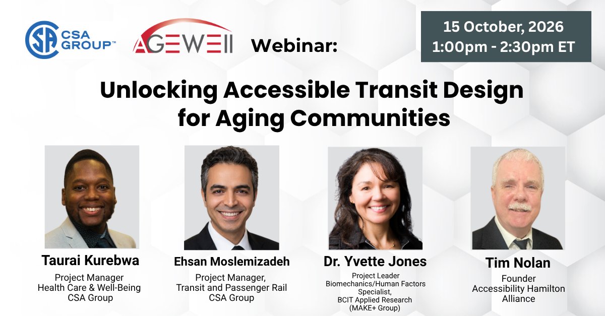 AGEWELL_NCE's tweet photo. 💡 Good transit design starts with listening. Don’t miss the AGE-WELL + CSA Group webinar on October 15 for a conversation on accessible transit design for aging communities. 👉 https://t.co/4T6vvzAhfc https://t.co/ek8yXVKQyU