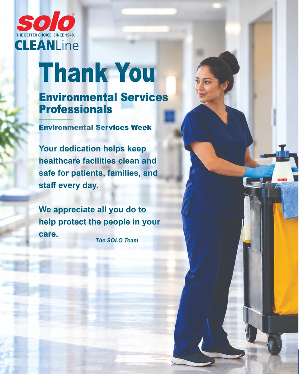 SOLO_USA_'s tweet photo. During Environmental Services Week, SOLO recognizes the dedicated EVS professionals who work every day to help keep healthcare facilities clean and safe.
Thank you for all you do.

#EVSWeek #EnvironmentalServices #InfectionPrevention #SOLOsprayers  #PatientSafety https://t.co/gvpLmNf1Mg