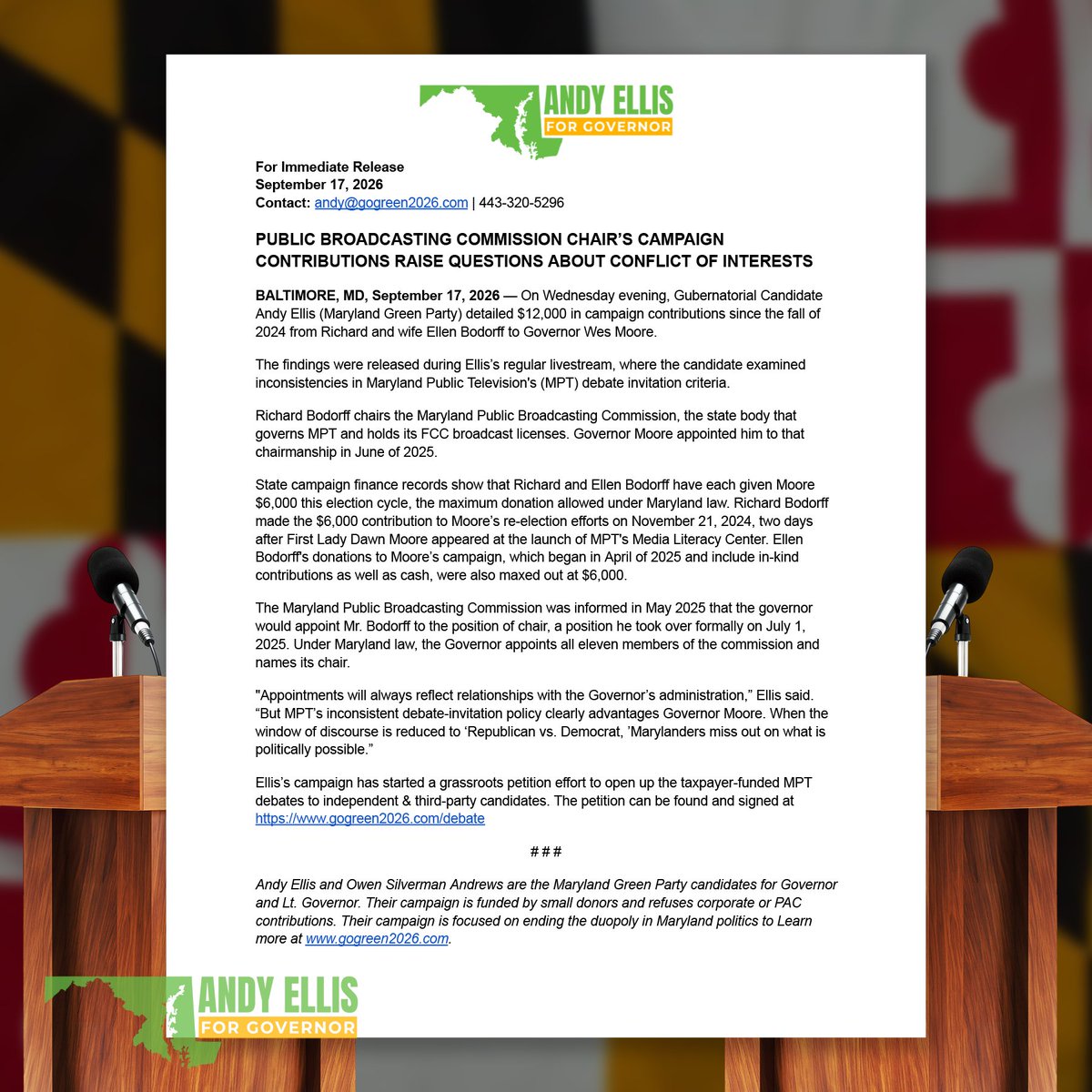 gogreen2026's tweet photo. Today our campaign is raising questions about conflicts of interest in @marylandpubtv  debate access policies. The Chair of the Maryland Public Broadcasting Commission and his wife have donated $12,000 to @iamwesmoore.

Read here, then sign the petition
https://t.co/TL4tNWOUCo https://t.co/TRfnGOQ8CI