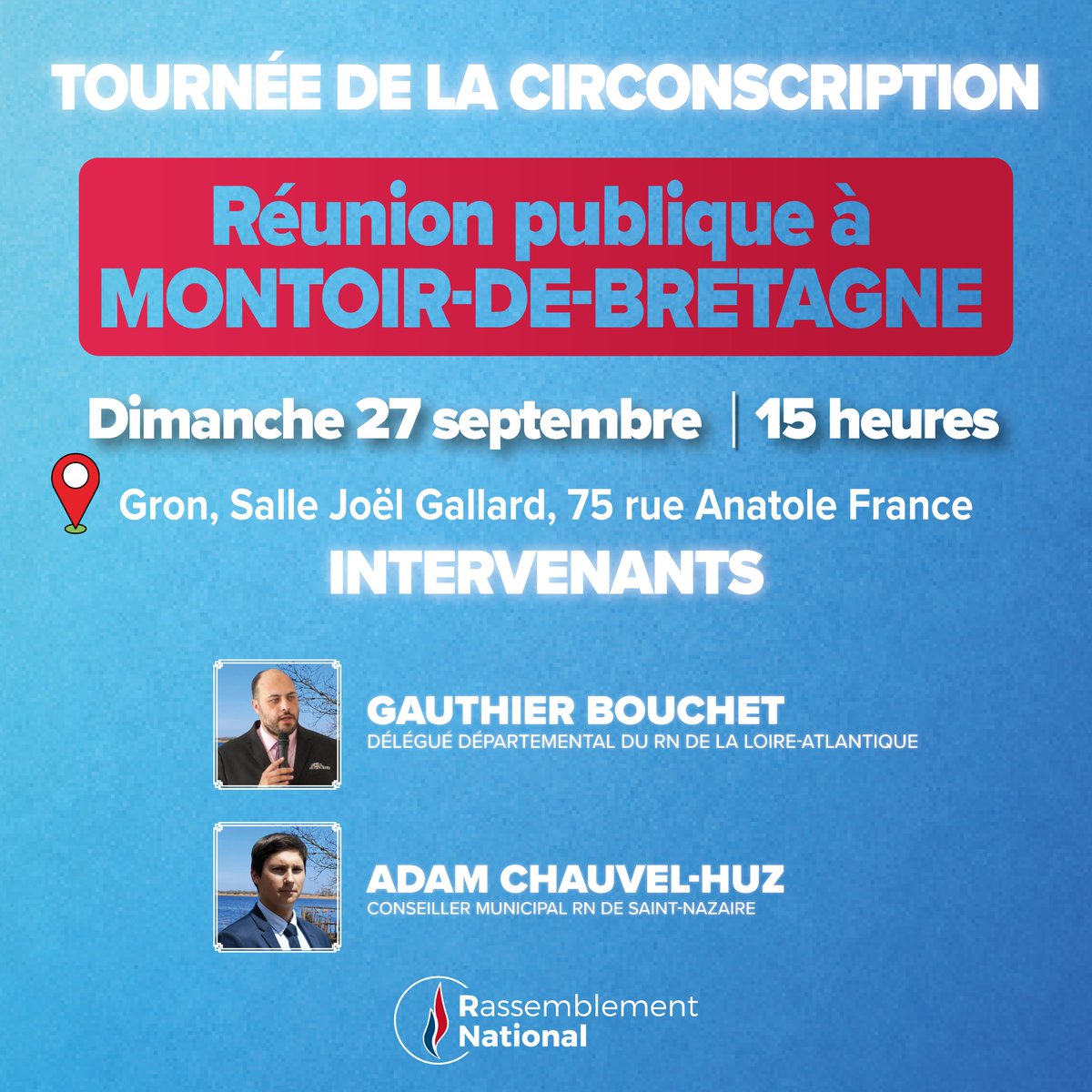 GauthierBouchet's tweet photo. Chers amis de la région nazairienne, de Brière et de l'Estuaire, je poursuis la tournée de notre circonscription. J'aurai plaisir à vous retrouver avec Adam Chauvel-Huz pour une deuxième étape : Montoir-de-Bretagne. Rendez-vous dimanche 27 septembre, 15 heures, à Gron ! https://t.co/oAUsF3yqlo