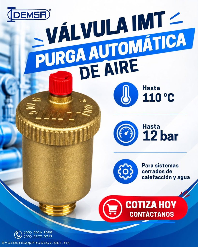 Idemsa's tweet photo. 🚀 ¡Elimina el aire atrapado y mejora el funcionamiento de tus sistemas!

La Válvula IMT de Purga Automática de Aire es una solución práctica para sistemas cerrados de calefacción y agua. 💧🔧

🌡️ Hasta 110 °C
💨 Hasta 12 bar
⚙️ Ideal para sistemas cerrados

📩 ¡Cotiza hoy! https://t.co/O0IQhOHasP