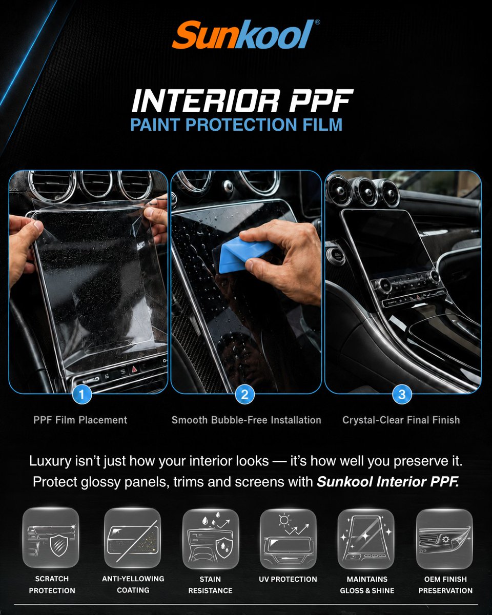 RussellQua5ab8's tweet photo. Keep your car’s premium interior looking new. Sunkool Interior PPF protects glossy panels, trims, and screens from scratches, stains, and daily wear without altering the original finish. https://t.co/ojh0b1si6a