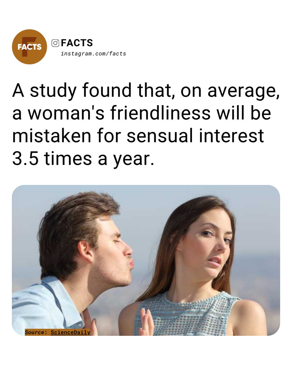 MalorieValrk's tweet photo. The results show that both men and women feel the opposite sex misinterprets their social signals. Women said friendliness toward men was mistaken for sexual interest about 3. 5 times a year, while men reported this far less often. Men rarely https://t.co/c15e422IUN