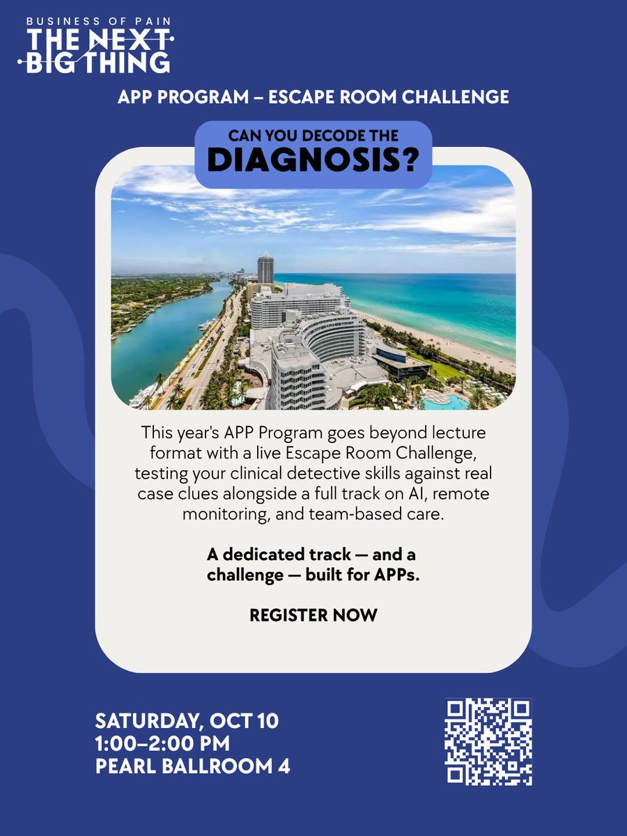 scorah_ssmb's tweet photo. Can you decode the diagnosis? 🕵️‍♂️💡

Step into The Next Big Thing: APP Program – Escape Room Challenge at this year’s Business of Pain conference!

📅 Saturday, Oct 10, 2026
⏰ 1:00 PM – 2:00 PM 
📍 Pearl Ballroom 4

Register using the QR code!

#BOP #SCORAH https://t.co/MQlCkBcShD