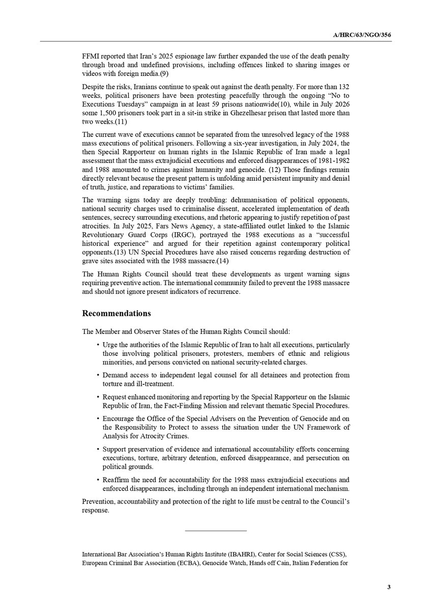 HanifJazayeri's tweet photo. 🚨 A new joint statement by 30 NGOs warns that Iran's escalating executions of political prisoners and protesters constitute an urgent atrocity-prevention concern.

The world failed to prevent the #1988Massacre. It must not ignore today's warning signs.

CC: @UN_HRC @drmaisato https://t.co/HaX09k3JoG