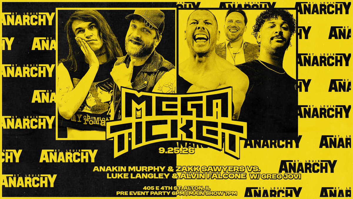 stlanarchy's tweet photo. Your final 🚨 Match Announcement 🚨 for #SLAMegaTicket 

One more tag match for the road...

The Stand on Business duo of Luke Langley and Alvin Falcone go face to face against Anakin Murphy and longtime mentor and friend Zakk Sawyers!

🎟 available at https://t.co/uJcKs1PE4w https://t.co/onHvJW3OKk