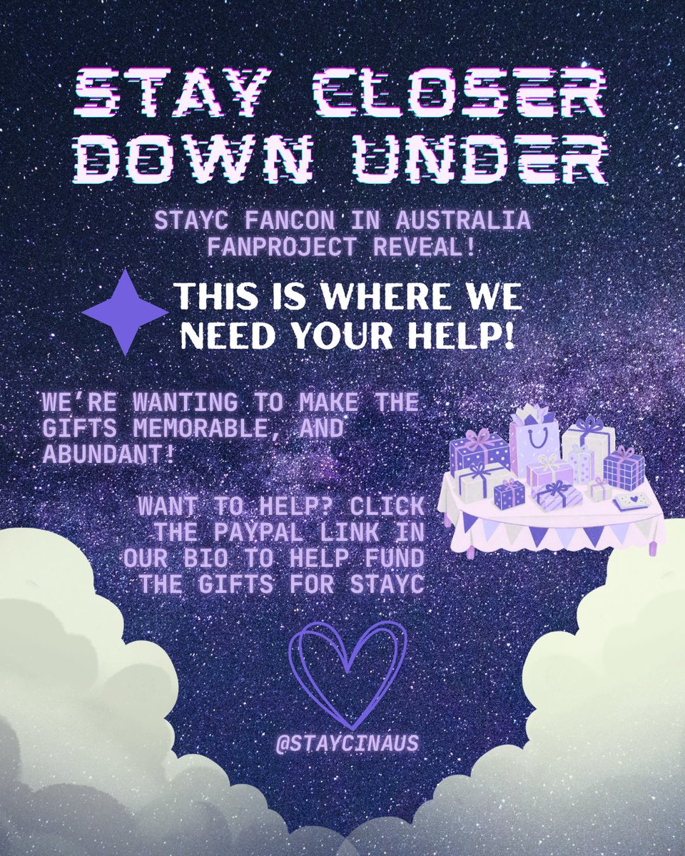 STAYCInAus's tweet photo. STAY CLOSER DOWN UNDER
STAYC FAN CONCERT IN AUSTRALIA FAN PROJECT
PROJECT 02 | GIFTS FOR STAYC

We’re preparing Australia-themed gifts for each #STAYC member, inspired by their time in Aussie, and the cities they're visiting.

Crowdfund link will be in our bio soon!

#STAYCinAus https://t.co/QTYqEJFhsH