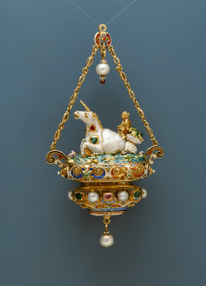 wikivictorian's tweet photo. Pearl mounted with enameled gold set with pearls, emeralds and rubies and with pearls pendant with a triton riding a unicorn-like sea creature by Reinhold Vasters, 1870-95. The MET. https://t.co/jx25NUiP83