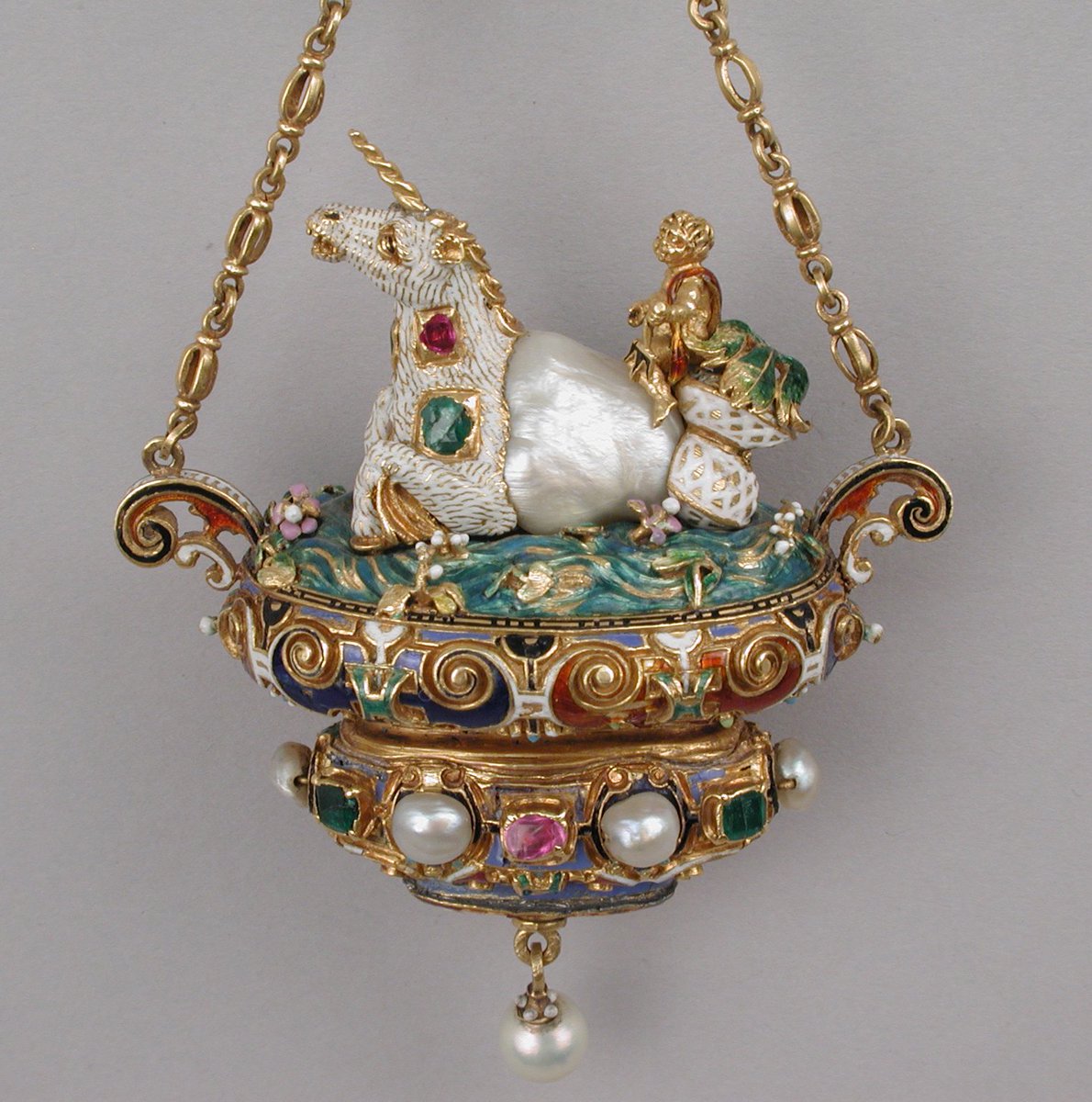 wikivictorian's tweet photo. Pearl mounted with enameled gold set with pearls, emeralds and rubies and with pearls pendant with a triton riding a unicorn-like sea creature by Reinhold Vasters, 1870-95. The MET. https://t.co/jx25NUiP83