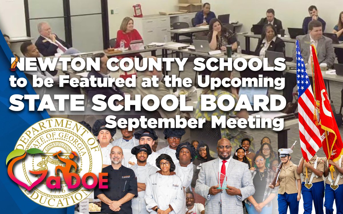 NewtonCoSchools's tweet photo. We’re excited to share that Newton County Schools will be the featured school district at the September State Board of Education meeting on Wednesday, September 23!

There are so many good things happening across our school system, and during the meeting, our students and staff, along with Superintendent Dr. Duke Bradley III, will have the opportunity to showcase Newton County Schools and share some of the great work taking place throughout our district.

A complimentary brunch will be provided by the Newton College & Career Academy Culinary Arts program under the leadership of Chef Scott Quinlan, and the Newton High School Chorus, under the leadership of Mr. Johnny Edwards, will perform. The Newton High School Marine Corps JROTC will also participate in the meeting, and Superintendent Bradley will bring remarks on behalf of the district.

We are excited for this opportunity to highlight our students, staff, schools, and district before the State Board of Education!

You can watch the meeting live on the Georgia Department of Education’s YouTube channel: https://t.co/EzHONLDLT3
