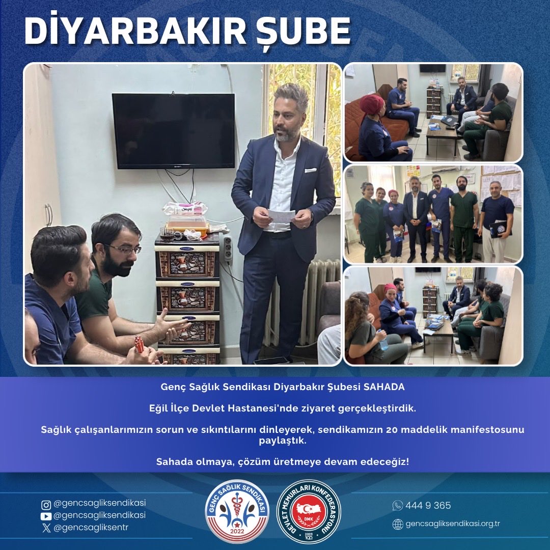 gssdiyarbakir's tweet photo. Genç Sağlık Sendikası Diyarbakır Şubesi SAHADA
Eğil ilçe Devlet Hastanesi'nde ziyaret gerçekleştirdik.
Sağlık çalışanlarımızın sorun ve sıkıntılarını dinleyerek, sendikamızın 20 maddelik manifestosunu paylaştık.
Sahada olmaya, çözüm üretmeye devam edeceğiz! https://t.co/oRGK95R14l