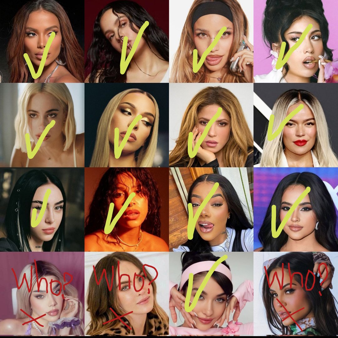 ghhhvcx's tweet photo. Anitta ✅
Rosalía ✅
Emilia 
Kali Uchis ✅
Tini✅
Bad Byal✅
Shakira✅ 
KAROL G✅
Niki✅
Tokisha✅
Lud✅
Beky✅
Who?❓❌
Who?❓❌
María ✅
Who? ❓❌ https://t.co/n1Em2HrPAP