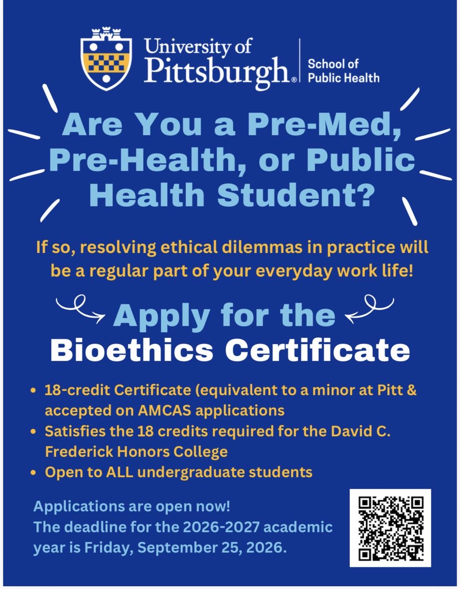 PittPre's tweet photo. 👀 for a certificate that is focused around ethics?

You’re in luck! @PittPubHealth houses the bioethics certificate! And their deadline to apply is September 25!

Link: https://t.co/JBLWYbvmJ3

@PittProvost @PittTweet @PittStudents @PittHealthSci https://t.co/55NzmArlyf