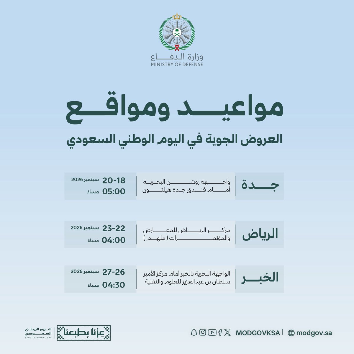 modgovksa's tweet photo. تعرَّف على مواعيد ومواقع العروض الجوية بمناسبة اليوم الوطني السعودي.

#وزارة_الدفاع https://t.co/K61skDrq2y