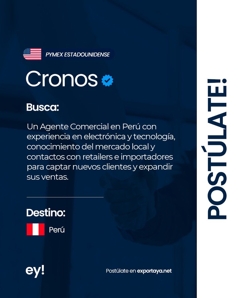 exportayanet's tweet photo. 🇵🇪 ¿Tienes experiencia comercial en electrónica y tecnología?

Cronos, empresa estadounidense, busca un Agente Comercial en Perú para captar nuevos clientes y expandir sus ventas en el mercado local.

¿Cumples con el perfil? Postúlate hoy en https://t.co/D18Mdx4f47 https://t.co/hPN3sOSmMr