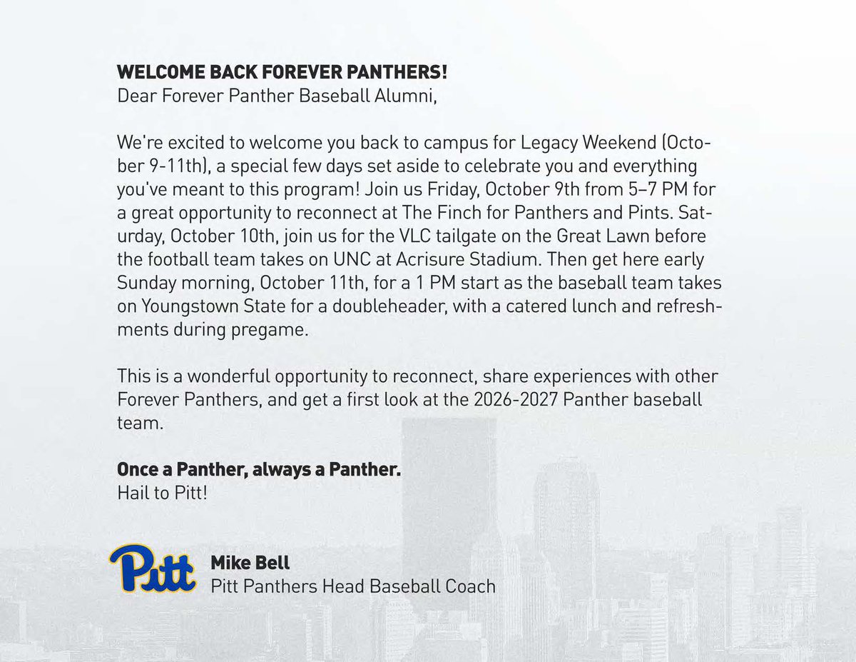 Pitt_LIFESKILLS's tweet photo. Forever Panthers — Baseball Legacy Weekend is coming up!
Mark your calendars for October 9–11 as we celebrate Pitt Baseball and reconnect with our Forever Panthers.
Check your email for more information! https://t.co/Unj8CCPG56