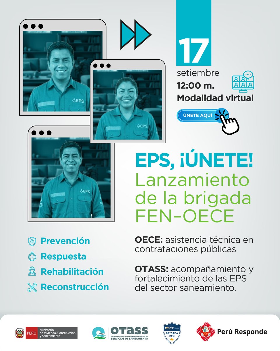 OtassPeru's tweet photo. 🚰 ¡Únete al lanzamiento de la Brigada FEN-OECE!
👷 Una iniciativa conjunta del OECE y el OTASS para fortalecer la preparación de las EPS frente a situaciones de emergencia asociadas al Fenómeno "El Niño".
🔗https://t.co/hoIfQPpJUm https://t.co/kOaDQ5pajE