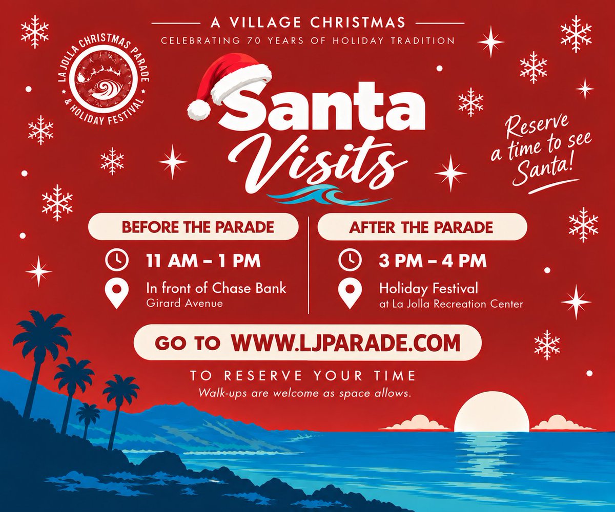 LJPARADE's tweet photo. Santa Visits are back! 🎅

Reserve a time to see Santa before or after the La Jolla Christmas Parade on December 6.

Walk-ups are welcome as space allows, but reserving a time helps ensure your visit with Santa.

🎅 Reserve your time at https://t.co/Bhpnx9Rj8s https://t.co/faUTqhsTlv
