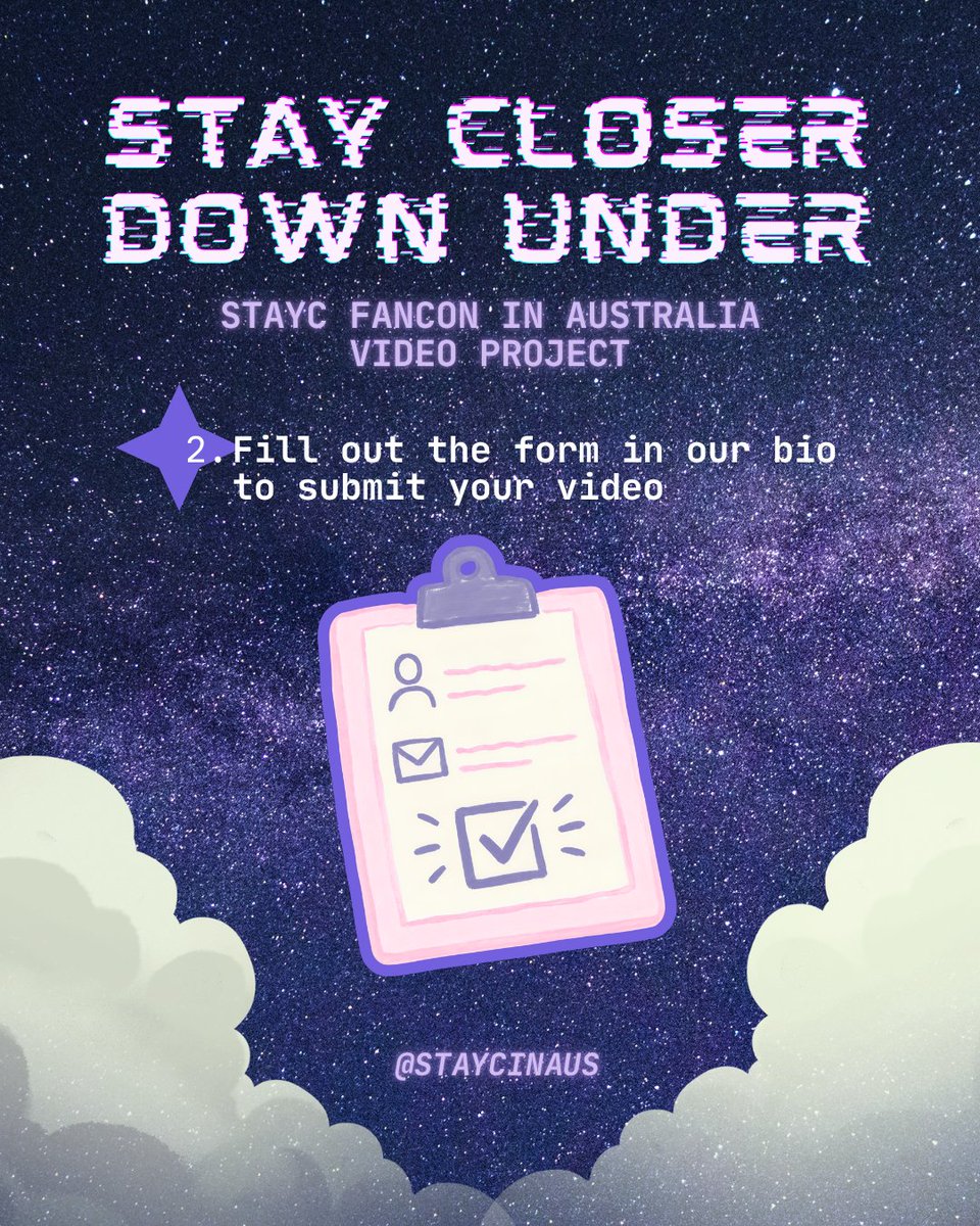 STAYCInAus's tweet photo. STAY CLOSER DOWN UNDER
STAYC FAN CONCERT IN AUSTRALIA FAN PROJECT

FAN VIDEO MESSAGE

We’re putting together a fan video message for STAYC and want SWITHs in Aussie to be part of it!

Submissions close 30 Sept, 6PM AET

Submit: https://t.co/cd71NKb3ox

#STAYC https://t.co/PgmsSGcx0I