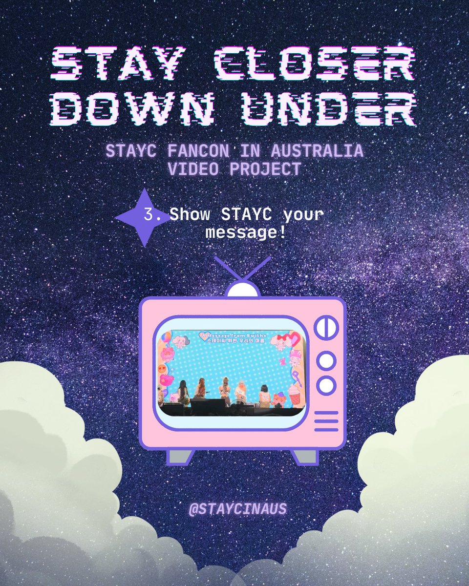 STAYCInAus's tweet photo. STAY CLOSER DOWN UNDER
STAYC FAN CONCERT IN AUSTRALIA FAN PROJECT

FAN VIDEO MESSAGE

We’re putting together a fan video message for STAYC and want SWITHs in Aussie to be part of it!

Submissions close 30 Sept, 6PM AET

Submit: https://t.co/cd71NKb3ox

#STAYC https://t.co/PgmsSGcx0I