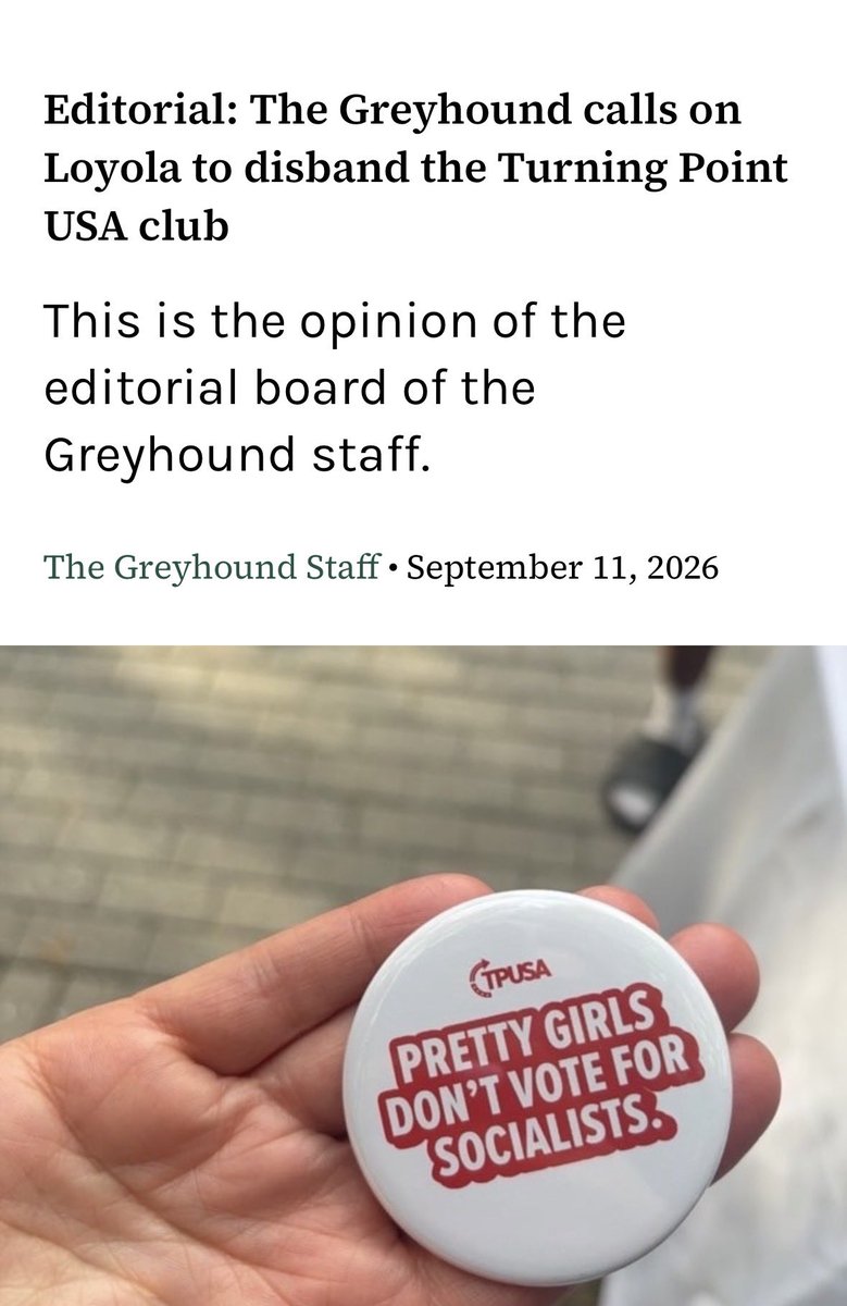 avajkwan's tweet photo. Loyola’s school newspaper is demanding that our TPUSA chapter be disbanded.

Now they are claiming that our pins encouraging students to be like Charlie Kirk are “elevating hateful rhetoric” on their campus.

@LoyolaMaryland should be ashamed of itself. https://t.co/XYEqknKQ1V