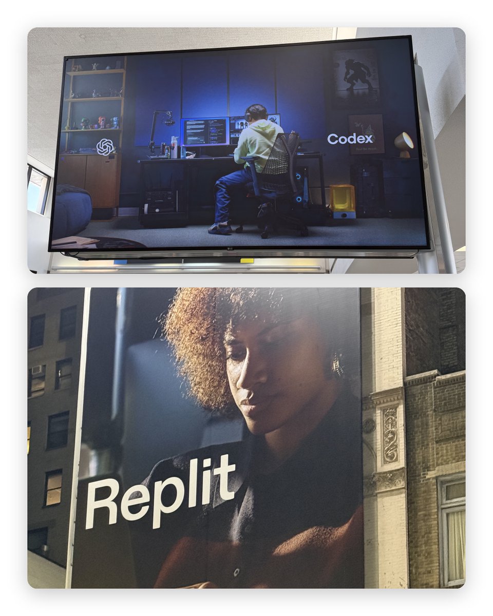 JohnnotJon's tweet photo. Am I the only one that doesn't get these vibe coding ads? And I spend most of my days vibe coding.

Snapped these in Times Square and at the airport. Both are just people working quietly at their computer. The OpenAI one is video, just the guy typing from far away. 

Is there some deep meaning/point here that I'm missing? I know we're not supposed to like ads that tell you something differentiated about the product, but I kind of prefer that.

Codex is not a pair of jeans.