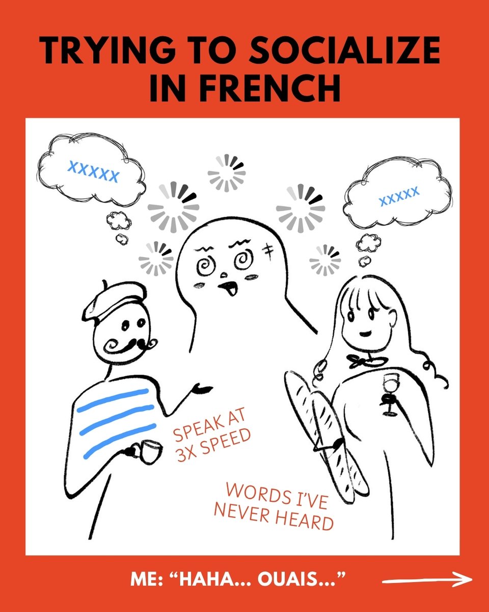 MISBFrance's tweet photo. Socializing in French begins with "Bonjour" and somehow ends with you nodding, smiling, and crossing your fingers that no one asks any more questions!

But slowly, the words become easier, the conversations get longer, and France starts feeling a bit more homey. https://t.co/wiOCZedzeW