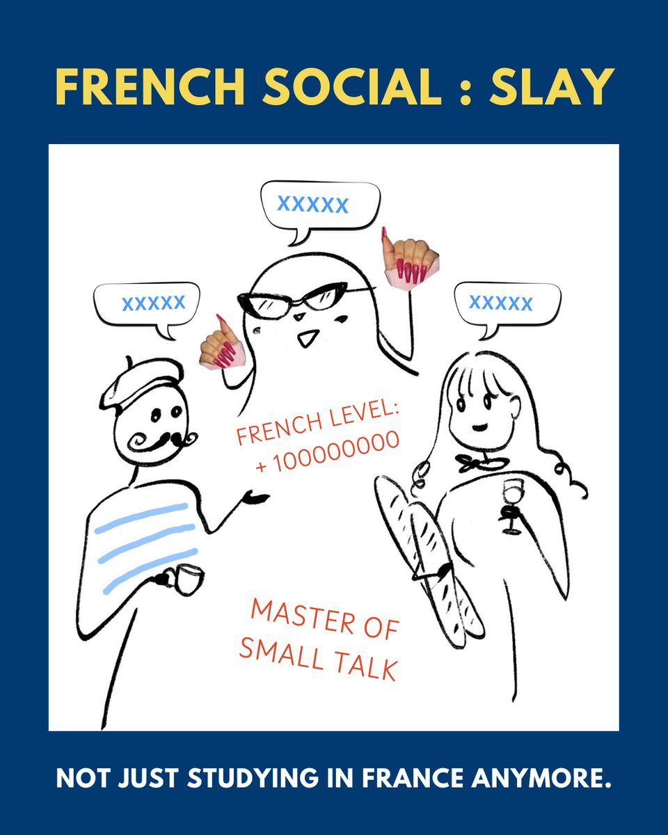 MISBFrance's tweet photo. Socializing in French begins with "Bonjour" and somehow ends with you nodding, smiling, and crossing your fingers that no one asks any more questions!

But slowly, the words become easier, the conversations get longer, and France starts feeling a bit more homey. https://t.co/wiOCZedzeW