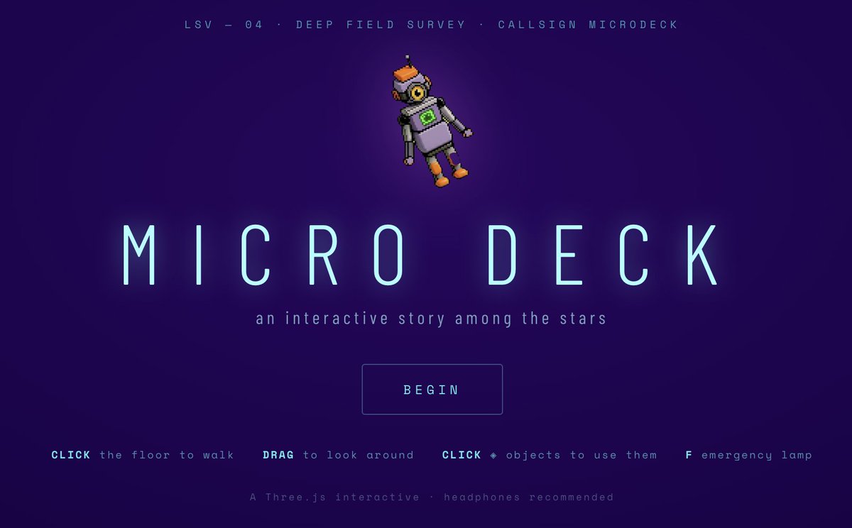 playMicrodeck's tweet photo. Time to find your way home. 🤖

MIicrodeck is a first person survival escape room built for the browser, powered by @RobinhoodChain, and designed to put story first from day one.

https://t.co/8BW6agmcah https://t.co/ya0MQxpw4F