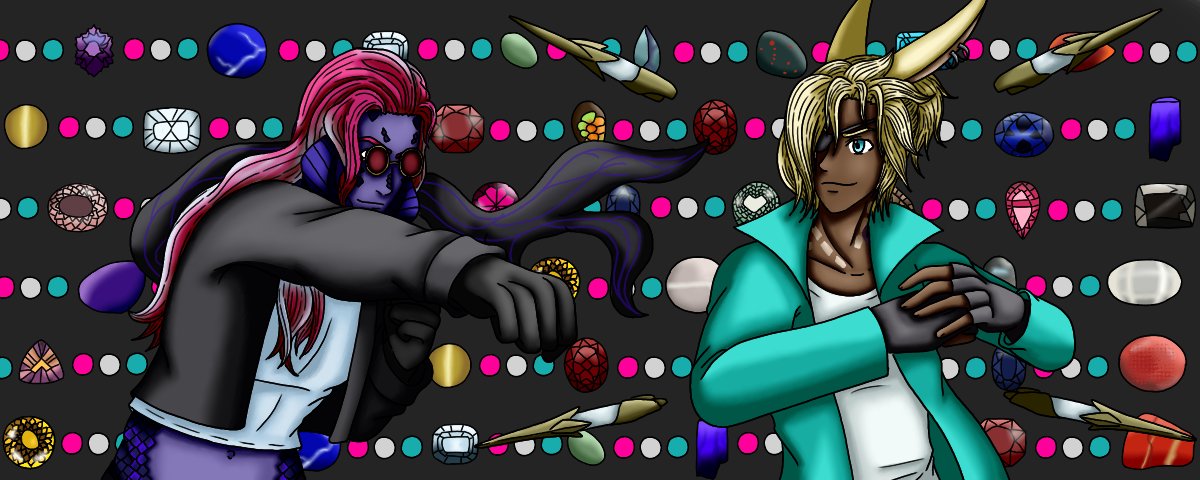 SnowAngelRika's tweet photo. I was given the privilege to do the banner for a fight venue on Final Fantasy XIV - They stream on twitch! 

Here we have the owners of the place, Galtanar (left) by @VExtremus  and Cayenne (right) by @dreadbeasts 
#FFXIV https://t.co/bTe8I5M4Lb