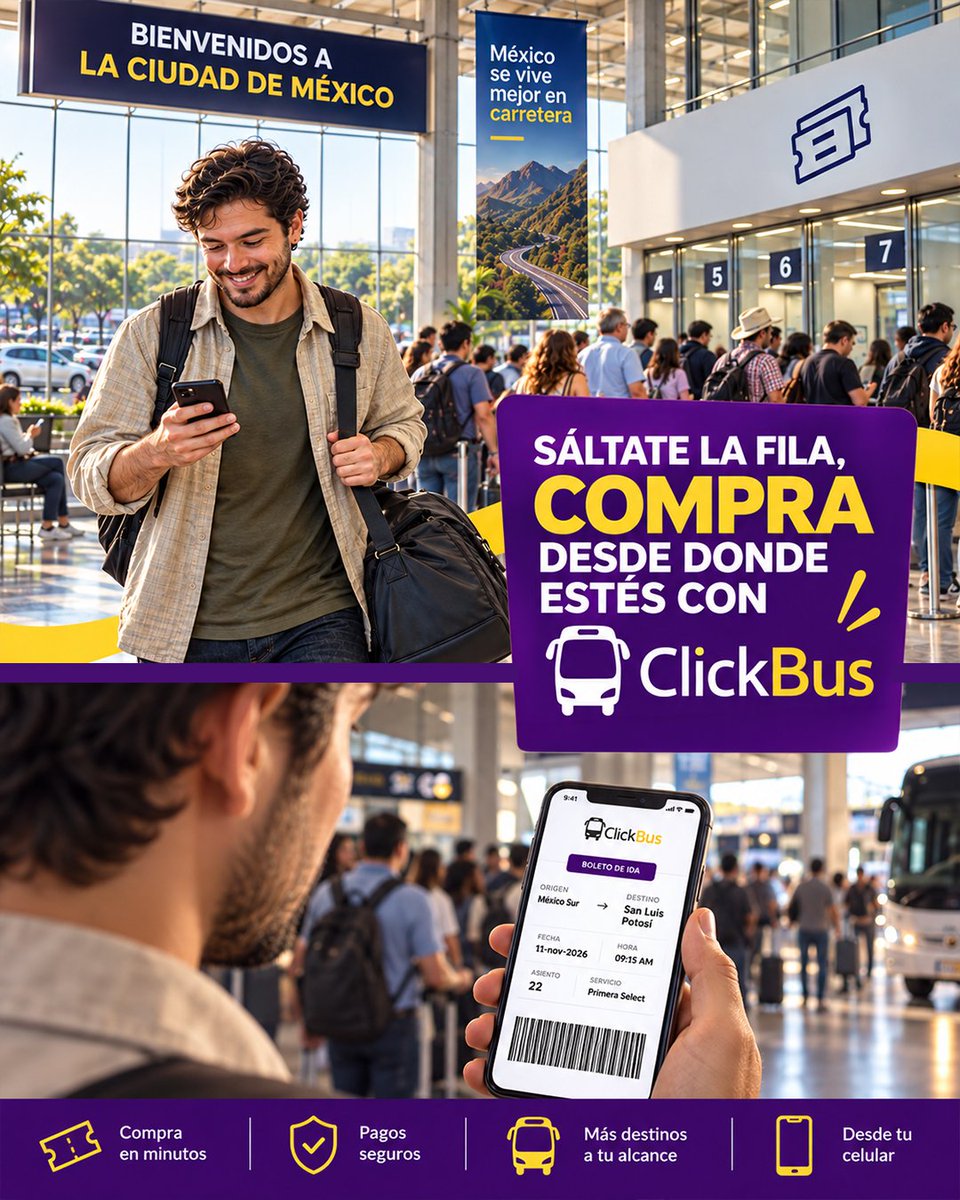 Click_Bus's tweet photo. Tu tiempo vale más que una fila interminable. 🛣️🎒

​Mientras otros esperan, tú solo relájate. Así de fácil es viajar con ClickBus desde tu celular. ¡Entra ahora! 🚌 👉 https://t.co/Ii6fQQvnbW⁠

📞 Llámanos al: 55 5350 8737

​#ViajesEnAutobús #ClickBusTeLleva https://t.co/sgwD61i7Sa