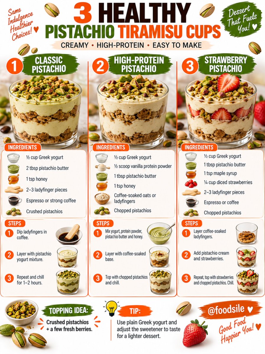 ColeneBerts05's tweet photo. Three healthy pistachio tiramisu cups: classic, high-protein, and strawberry. Made with Greek yogurt, pistachio butter, coffee, fresh fruit, and crunchy pistachios. Which one would you try first? https://t.co/5rPia4CbIf