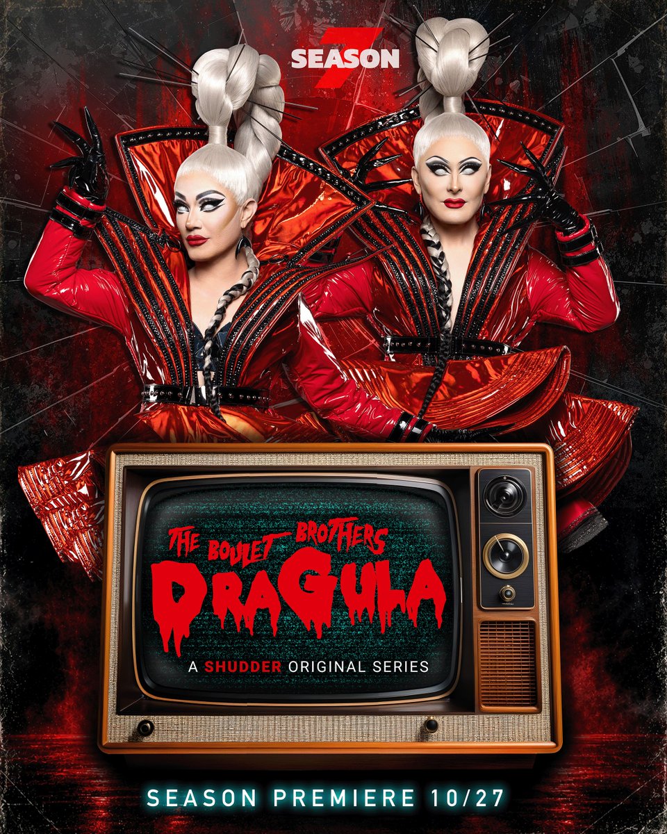 BBDragula's tweet photo. THE BOULET BROTHERS’ DRAGULA RETURNS FOR SEASON 7! Ten years ago this Halloween, we unleashed the first episode of Dragula into the world. Now, the next chapter begins. Behold the official key art for our most ambitious and cinematic season yet. Season 7 premieres Tuesday, October 27, exclusively on Shudder and AMC+. Read the exclusive announcement now at Variety: https://t.co/MhoxWHVoes  #Dragula #BouletBrothers #Shudder