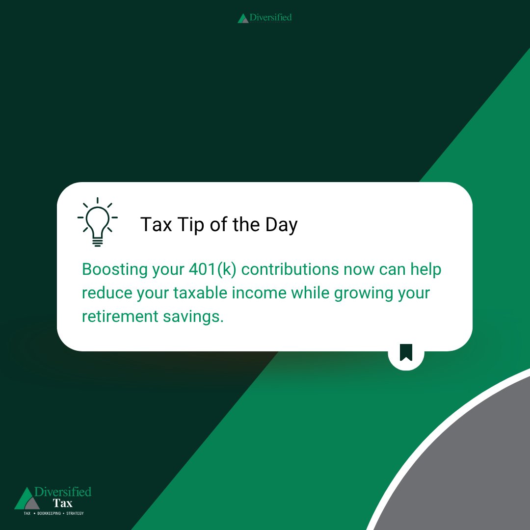 DiversifiedLLC_'s tweet photo. Tax fact of the day - Consider increasing your retirement contributions.
#tax #taxtip #taxhelp #taxexpert #taxes #taxpayment #401kcontributions #taxableincome #westchesterpa #chestercountypa https://t.co/s66PuEwx7E