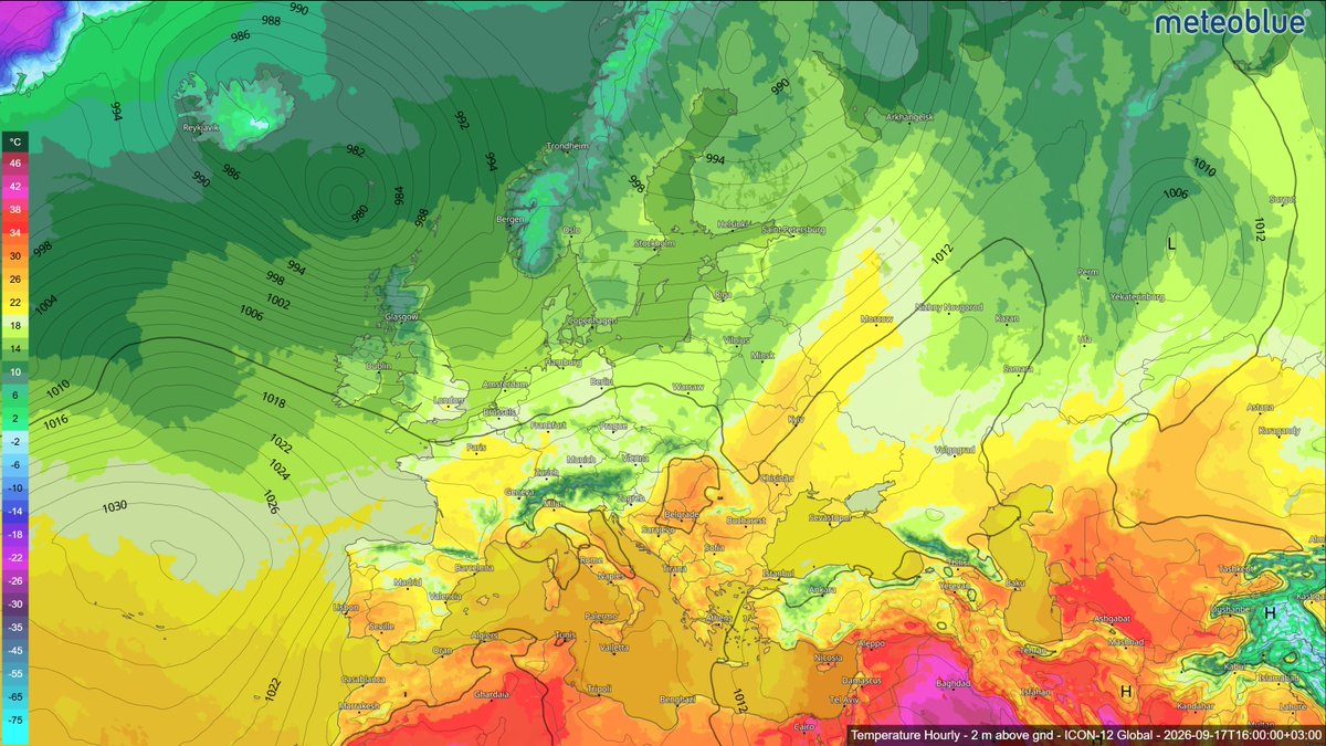meteoblue's tweet photo. 🔎 Pressure Levels Explained: What Meteorologists See at 850, 700 and 500 hPa

Surface temperature shows the conditions we experience near the ground, but it does not explain the atmospheric processes that produce these particular conditions. Meteorologists therefore examine the atmosphere vertically, using pressure levels such as 850 hPa, 700 hPa and 500 hPa to analyse what is happening several kilometres above the surface.

The four maps below show the same moment over Europe, but each reveals something different.

🌡️ Surface / 2 m – the weather we experience
This is where temperature is strongly influenced by sunshine, clouds, mountains, cities, vegetation and the time of day. It tells us what conditions feel like at ground level, but local effects can hide the larger atmospheric pattern.

🔹 850 hPa – roughly 1.5 km above sea level
Here, much of that surface “noise” disappears. Meteorologists use this level to identify air masses, warm and cold advection, frontal zones and incoming heat or cold. In simple terms: what kind of air is moving into the region?

☁️ 700 hPa – roughly 3 km
This level is especially useful for examining moisture, cloud layers and vertical motion. It can help reveal where moist air is rising, where dry air is moving in and where conditions may support clouds or precipitation.

🌀 500 hPa – roughly 5–6 km
This is where the large-scale structure of the atmosphere becomes much clearer. Meteorologists look for troughs, ridges and upper-level lows – features that help steer weather systems and shape the conditions we eventually experience at the surface.

The contour lines show geopotential height: the altitude at which a certain pressure is reached. These pressure surfaces are not fixed, they rise in warmer atmospheric columns and sink in colder ones.

➡️ And that is the key point: weather is three-dimensional.

The surface tells us what is happening.
850 hPa helps show which air mass is arriving.
700 hPa reveals moisture and lift.
500 hPa shows much of the large-scale circulation driving the pattern.

A forecast is not made from one map, it is built by reading the atmosphere layer by layer.

See how the atmosphere changes with height:
👉 Surface Temperature (2m): https://t.co/9uKqAvvZTz
👉 Temperature & Height (850 hPa; 700 hPa; 500 hPa): https://t.co/j1kLW4ahNL

#Meteorology #WeatherMaps #WeatherScience #Forecasting #meteoblue