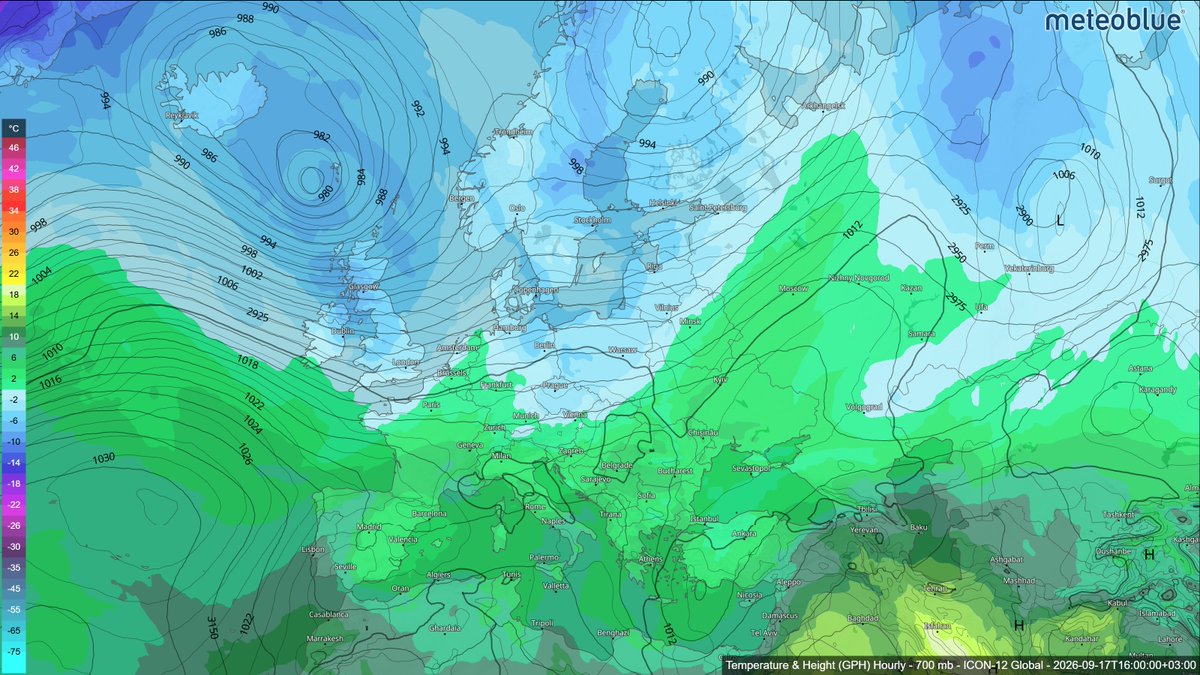 meteoblue's tweet photo. 🔎 Pressure Levels Explained: What Meteorologists See at 850, 700 and 500 hPa

Surface temperature shows the conditions we experience near the ground, but it does not explain the atmospheric processes that produce these particular conditions. Meteorologists therefore examine the atmosphere vertically, using pressure levels such as 850 hPa, 700 hPa and 500 hPa to analyse what is happening several kilometres above the surface.

The four maps below show the same moment over Europe, but each reveals something different.

🌡️ Surface / 2 m – the weather we experience
This is where temperature is strongly influenced by sunshine, clouds, mountains, cities, vegetation and the time of day. It tells us what conditions feel like at ground level, but local effects can hide the larger atmospheric pattern.

🔹 850 hPa – roughly 1.5 km above sea level
Here, much of that surface “noise” disappears. Meteorologists use this level to identify air masses, warm and cold advection, frontal zones and incoming heat or cold. In simple terms: what kind of air is moving into the region?

☁️ 700 hPa – roughly 3 km
This level is especially useful for examining moisture, cloud layers and vertical motion. It can help reveal where moist air is rising, where dry air is moving in and where conditions may support clouds or precipitation.

🌀 500 hPa – roughly 5–6 km
This is where the large-scale structure of the atmosphere becomes much clearer. Meteorologists look for troughs, ridges and upper-level lows – features that help steer weather systems and shape the conditions we eventually experience at the surface.

The contour lines show geopotential height: the altitude at which a certain pressure is reached. These pressure surfaces are not fixed, they rise in warmer atmospheric columns and sink in colder ones.

➡️ And that is the key point: weather is three-dimensional.

The surface tells us what is happening.
850 hPa helps show which air mass is arriving.
700 hPa reveals moisture and lift.
500 hPa shows much of the large-scale circulation driving the pattern.

A forecast is not made from one map, it is built by reading the atmosphere layer by layer.

See how the atmosphere changes with height:
👉 Surface Temperature (2m): https://t.co/9uKqAvvZTz
👉 Temperature & Height (850 hPa; 700 hPa; 500 hPa): https://t.co/j1kLW4ahNL

#Meteorology #WeatherMaps #WeatherScience #Forecasting #meteoblue