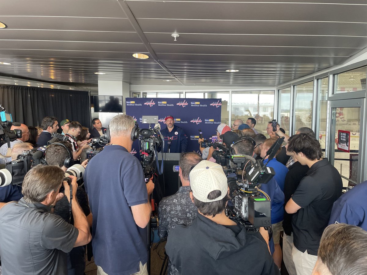 RyanJYe's tweet photo. No surprise No.8 draws a crowd. @Capitals Captain Alex Ovechkin on his 41st birthday &amp; first day of #WashingtonCapitals Training Camp talks to the media heading into his 22nd #NHL season. #ALLCAPS https://t.co/OoUnkgSp4W