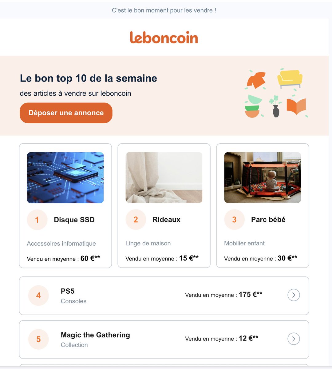 virgil1st's tweet photo. Ça m'a eu permis de trouver certains de mes produits

Leboncoin possède une newsletter hebdomadaire à laquelle je suis abonné depuis plus de 5 ans

J'ai gardé tous les emails.

Chaque semaine tu reçois les produits qui se vendent et s'achètent le plus :) https://t.co/QNiTNuDr1g