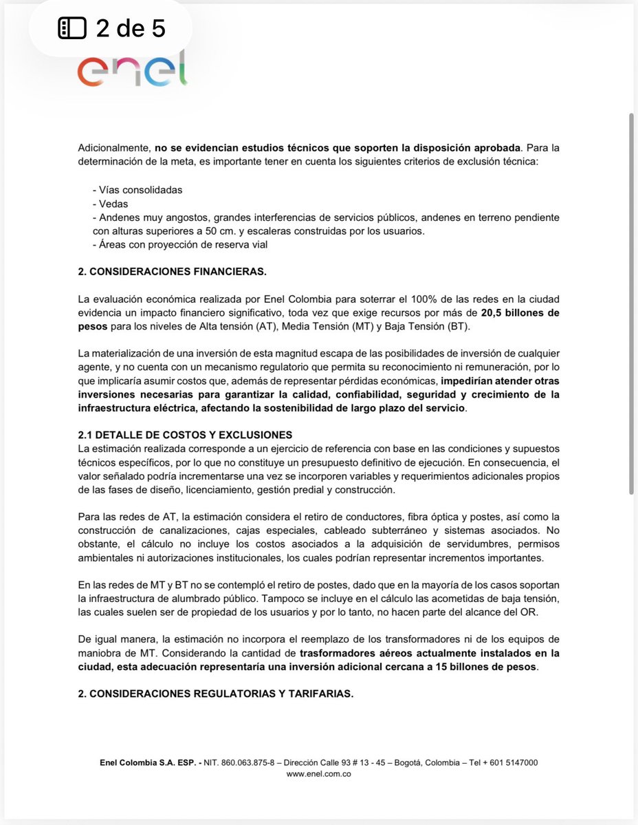 JD_Quinteror's tweet photo. ENEL no puede oponerse a que @Bogota decida soterrar y organizar la maraña de cables de los postes de la ciudad. 

Mucho menos mentirle al @ConcejoDeBogota y asustar a los ciudadanos con aumentos de tarifa. 

ENEL debe recordar que es un CONTRATISTA razón por la cual no puede inmiscuirse y menos redactar las normas que les convienen. 

Adjunto la carta que enviaron a los 45 concejales mintiendo, intimidado pero peor enviando la redacción exacta a su conveniencia. 

El concejo y Bogotá insistirá en al defensa de la ciudadanía: Los cables nuevos serán soterrados como establece el POT, los que están en uso deberán ser PROGRESIVAMENTE soterrados y los que están en DESUSO inmediatamente retirados. Para lo cual o lo hacen los dueños, o lo hace la ciudad y les cobramos por hacerlo. 

Señores @EnelColombia a Bogotá se le respeta. 

Agradezco al Alcade @CarlosFGalan haber asumido esta batalla y respaldar a la ciudadanía.