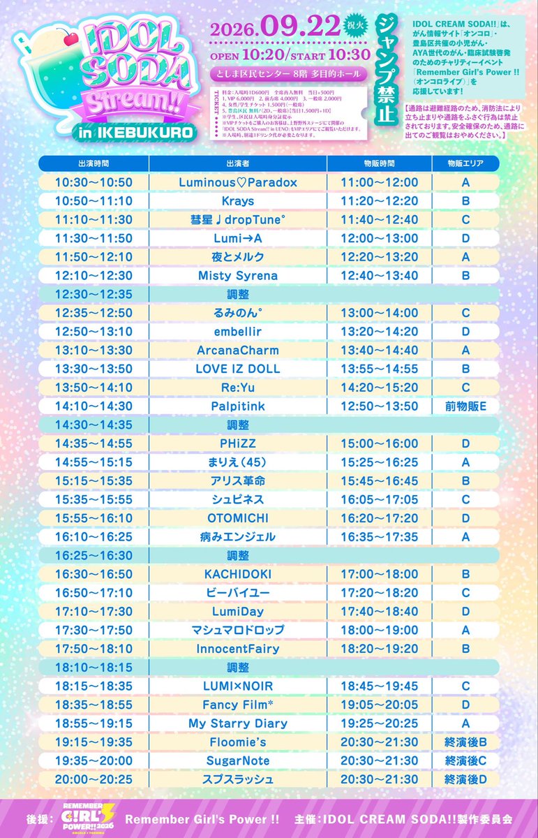 AliceRevo's tweet photo. 火曜‼️国民の休日❗️

🍹IDOL SODA Stream!! in IKEBUKURO 

🗓️9/22(火祝)

📍としま区民センター8階多目的ホール

⏰10:20 open/10:30 start

🎺後援：Remember Girl’s Power !!（オンコロライブ）

🎫料金
1,VIP ¥6000
2,前方席 ¥3500
3,⼀般席 ¥2000
4,女性/学生チケット ¥1500(一般席)
5,豊島区民 無料！（2D・一般席)
【当日+¥1500+1D】
※学生、区民は入場時身分証提示

入場時1D¥600
全席再入無料
当日+¥500

【チケット】
https://t.co/U2ym1TUIvr
🎯入場特典：アリスくじ

⚠️ジャンプ禁止

アリスちゃんは
🎤15:15〜
📸15:45〜

お待ちしてます‼️