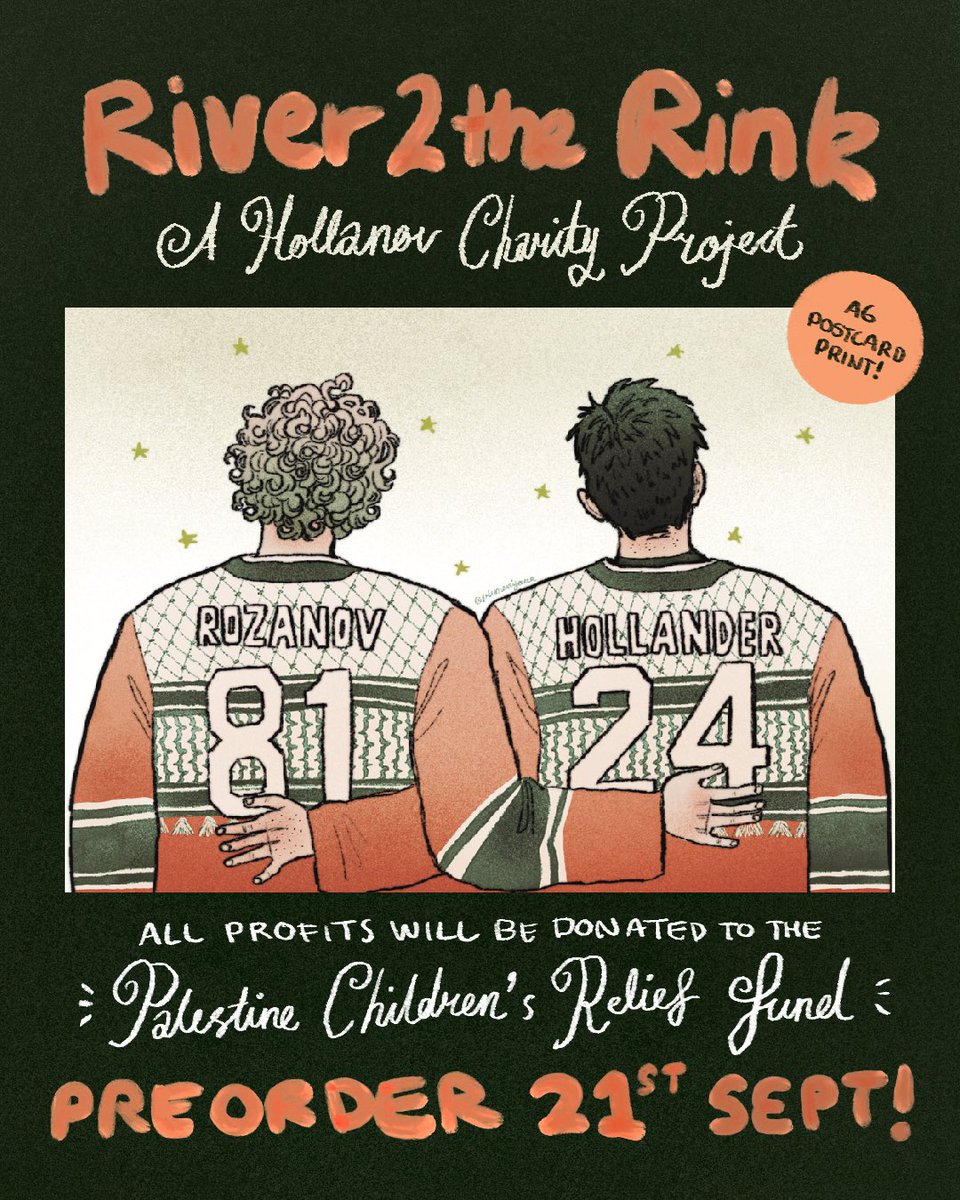 plumeriyaaa's tweet photo. I’d like to announce RIVER 2 THE RINK a charity fundraiser 🇵🇸🍉

My hollanov keffiyeh jersey art will be available to purchase as a postcard and mailed to you! Preorders open Sept 21-25 + all profits will be donated

Likes + rts appreciated 🕊️
#heatedrivalry #hollanov https://t.co/Pcff8jb5GC